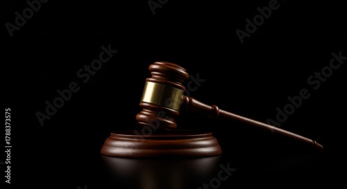 A dramatic close-up studio shot of a wooden judge's gavel resting flat against a pure black background, symbolizing authority and legal power ,finance ,authority ,court
