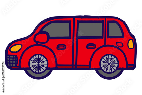 A red car is seen from the side