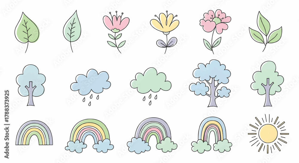 Naklejka premium Soft pastel weather doodle set featuring rainbows, clouds, sun, stars, and nature-inspired children’s illustrations in cute hand-drawn style