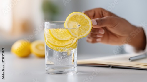 Adult's hand preparing lemon-infused water to boost hydration and cognitive performance on a bright table
