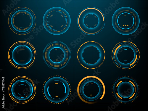 Set of abstract blue and orange futuristic circle displays. High tech head up display vector graphics for user interface element.