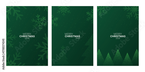 Merry Christmas 2026 vertical banner set with green glitter snowflake and tree design. Festive vector template for greeting card.