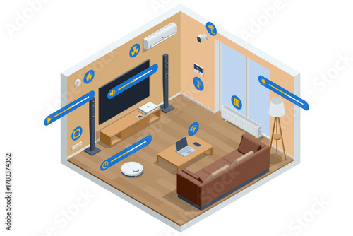 Smart Living Room. Isometric illustration of a modern smart living room with connected devices TV, air conditioner, heating, and lighting system. Concept of home automation and wireless technology