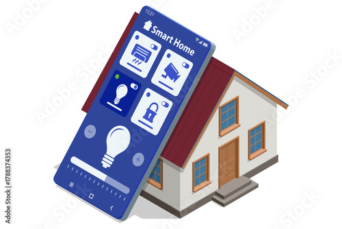 Isometric illustration of a smart home with solar panels, modern living room, and man controlling systems via smartphone. Concept of energy efficiency, automation, and sustainable technology.
