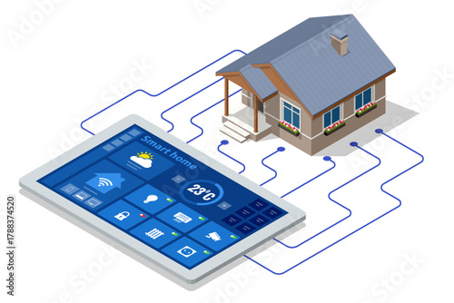 Smart Home Tablet Interface Isometric illustration of a smart home connected to tablet interface for temperature, lighting, and security control. Concept of IoT, automation, and energy management.