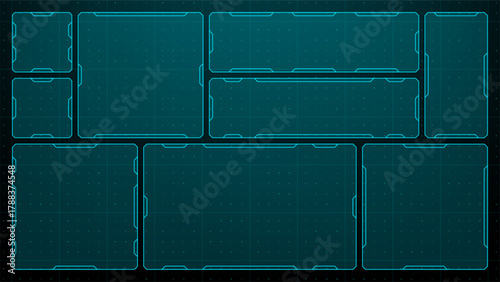 Abstract digital display with multiple rectangular elements for data visualization. Hud vector graphics template for futuristic interface design.