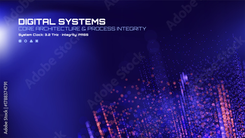 Digital systems core architecture process integrity with abstract data particles. Technology vector background for scientific display.