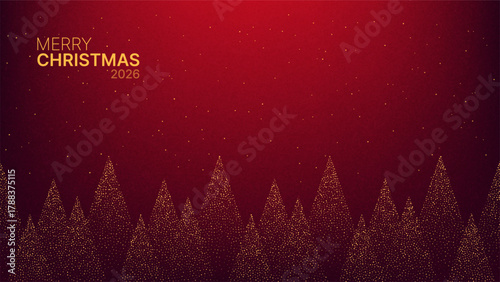 Merry Christmas 2026 text with abstract golden particle trees on a red background. Holiday season greeting design for card, banner, or winter celebration.