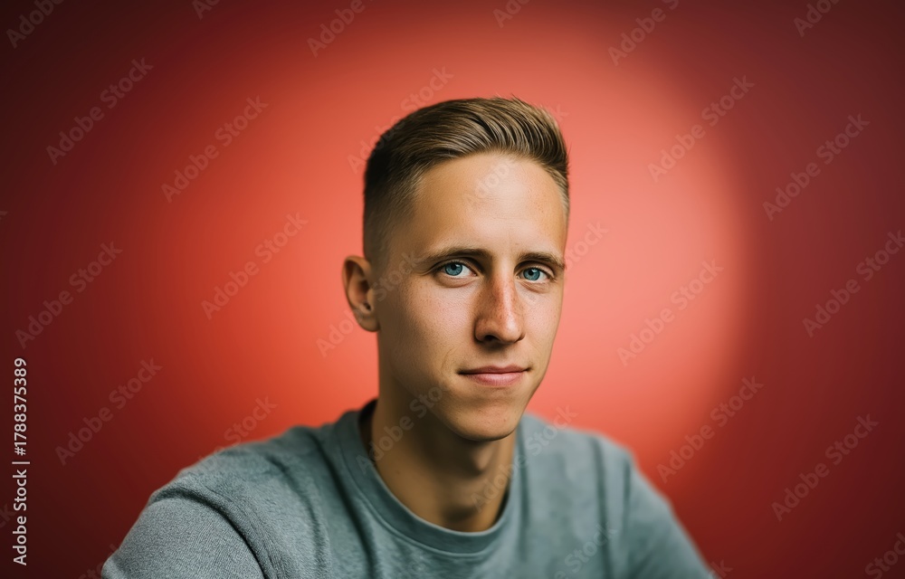 Fototapeta premium A young man with striking blue eyes poses with dramatic lighting against a vibrant red backdrop