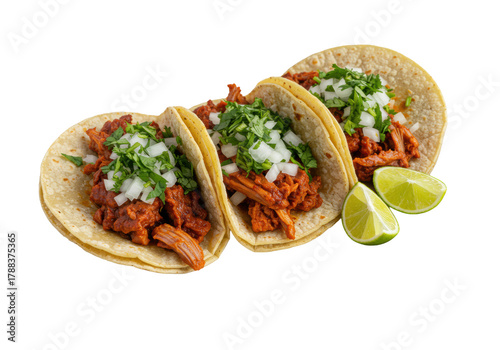 Close-up, top-down of three Mexican al pastor street tacos with seared pork, cilantro, and onions on warm corn tortillas, lime wedges on a white plate, minimalist background. Authentic culinary