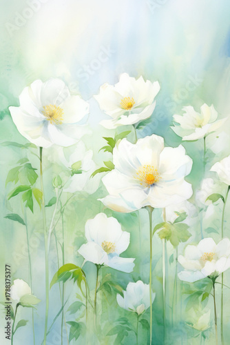 pastel watercolor floral background image with white flowers, in the style of light emerald and white