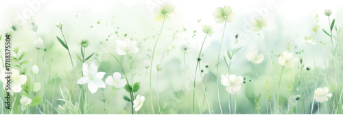pastel watercolor floral background image with white flowers, in the style of light emerald and white. banner