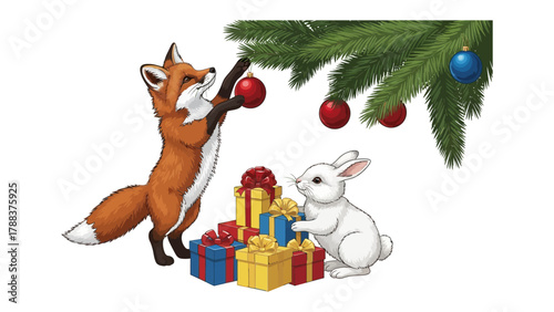 Festive Companions: A charming fox and a gentle bunny are depicted, adorning a Christmas tree, with gifts placed in front of them, creating a scene of Christmas spirit and animal friendship.