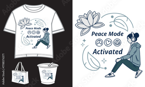 Embrace Serenity Peace Mode activated on a T shirt Tote and Cup with Blue Lines