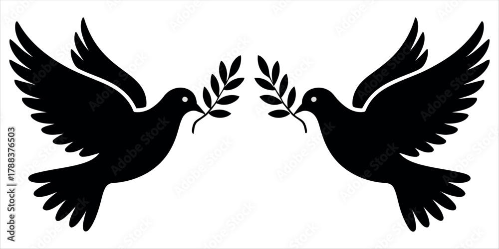 Obraz premium Two elegant black doves carrying olive branches, symbolizing peace and hope in a clean, minimalist design.