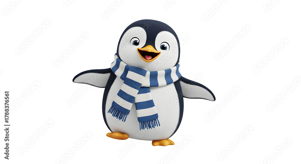 Obraz premium A cheerful cartoon penguin with a blue and white striped scarf is standing and smiling, the penguin has a cute expression and is ready for winter
