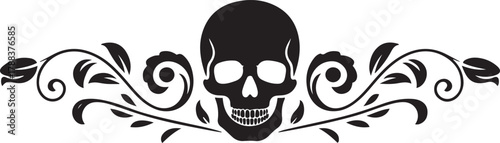 Vintage border with skull and floral curls — elegant gothic header ornament for halloween. Vector Black silhouettes. with white background