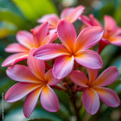 Frangipani flowers in a tropical garden, vibrant and exotic.
