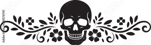 Vintage border with skull and floral curls — elegant gothic header ornament for halloween. Vector Black silhouettes. with white background