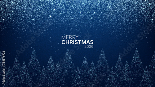 Merry Christmas 2026 text with sparkling glitter snow falling over abstract winter forest landscape for festive holiday invitation.