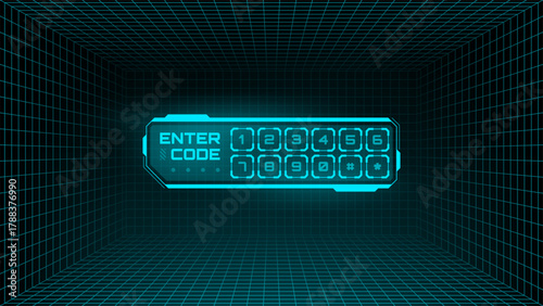 Glowing digital keypad with enter code text in a 3D grid room. Futuristic heads up display element for technological interface or virtual reality.