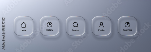 Modern user interface elements with liquid glass morphism vector icons for home, history, search, profile, and analytics, for app or web design.