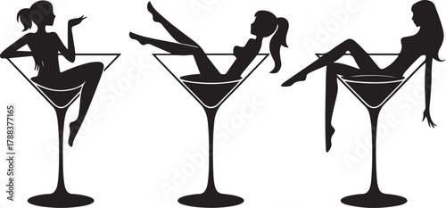 girls in cocktail glasses, women's legs and figures in a martini glass. Vector Black silhouettes. with white background