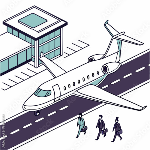 Isometric view of private jet at airport with business men