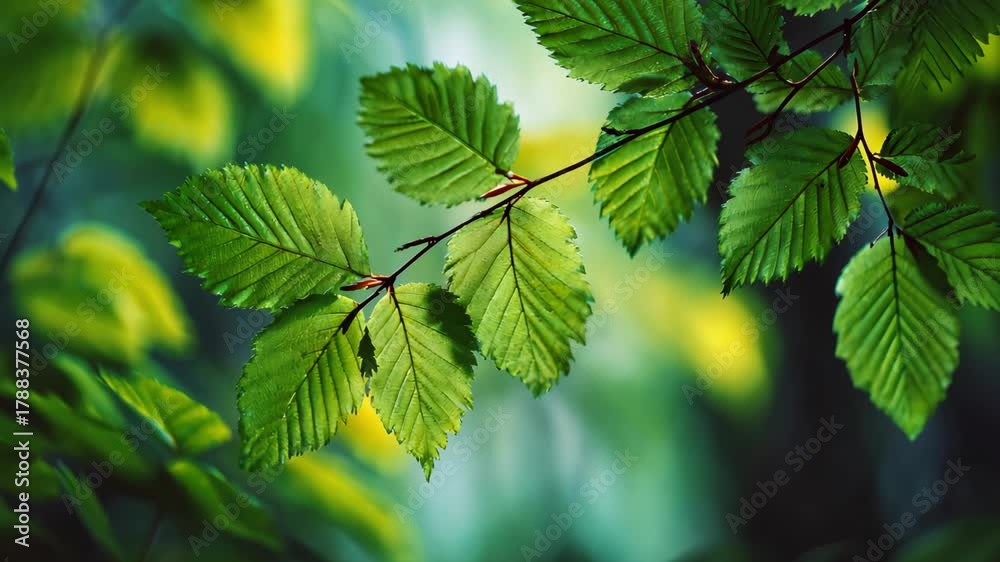 Vibrant green tree leaves on a branch with soft natural bokeh background autumn colors