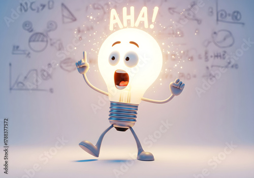 3D cartoon lightbulb character having an 'Aha!' idea moment with glowing text.