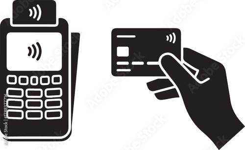 Contactless payment icons set with credit card and pos terminal, hand holding bank card. Vector Black silhouettes. with white background