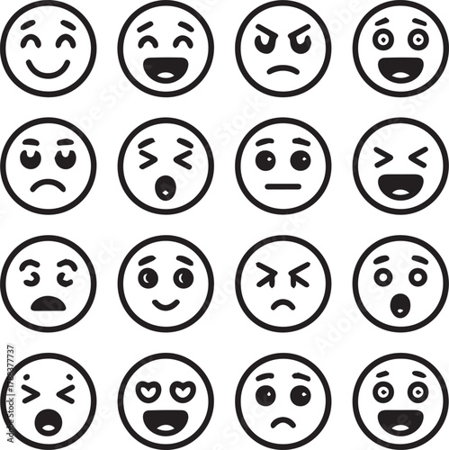 Collection of sixteen different simple black and white emoji face expressions icon