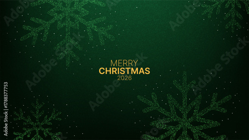 Merry Christmas 2026 glittering green snowflake vector art on a dark green background for holiday greeting card or festive advertisement.