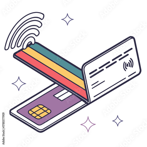 Isometric view of contactless payment cards with wifi signal
