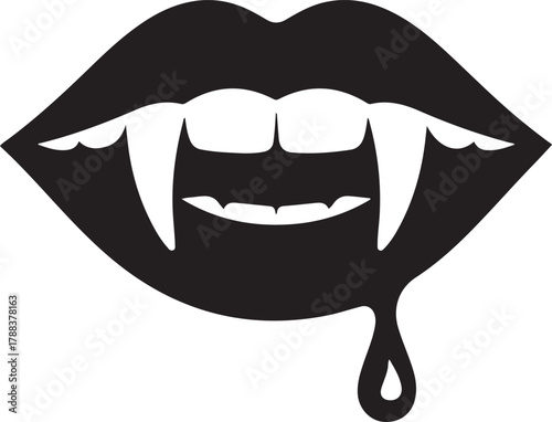 Dripping vampire bite — lips with fangs and drop of blood, dark Halloween temptation. Vector Black silhouettes. with white background