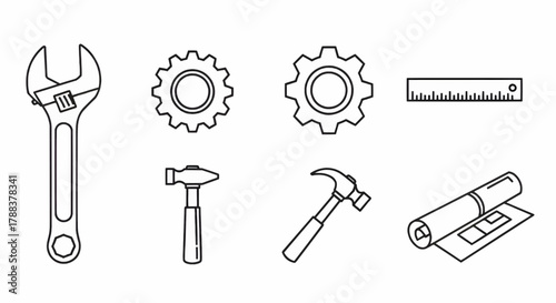 Hand-drawn tool icon set including wrench, hammer, screwdriver, and saw representing mechanical repair, construction, and DIY work