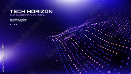 Purple particle wave in abstract background. Digital data flow visualization for future technology and science concept graphic header.