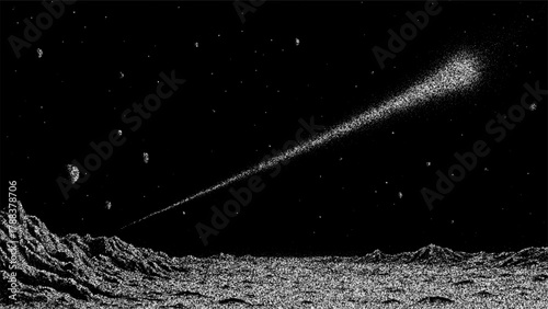 Comet flying over a desolate lunar landscape with stars and asteroids in the black sky, an astronomical scene for scientific illustration.