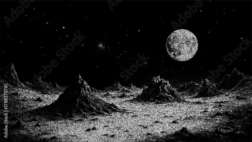 Moon surface with craters and mountains under dark starry sky. Space exploration and sci-fi concept. Cosmic landscape for background art.