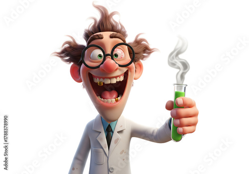 3D cartoon mad scientist character holding a smoking green test tube, isolated on white.