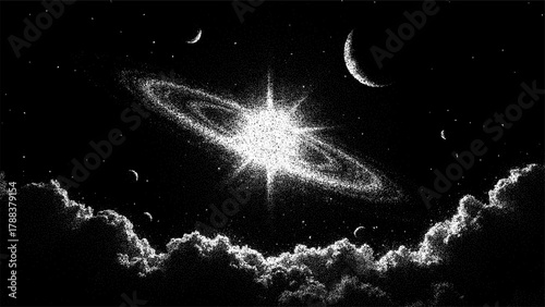 Galactic burst with swirling starry nebula and crescent moon above cosmic clouds. Celestial space vector background with planets.