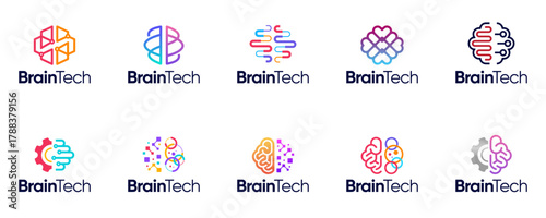 A collection of smart technology logos with a human brain concept, neural network connection system, vector illustration design.
