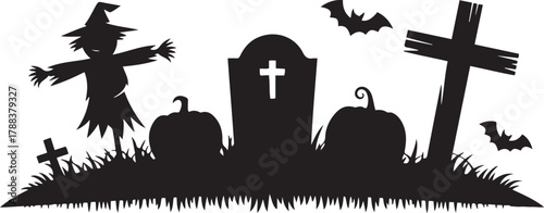 Halloween graveyard border with tombstone, pumpkins and spooky scarecrow, RIP cross and dark ground silhouette. Vector Black silhouettes. with white background