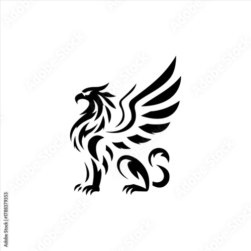 Bold Black Griffin Vector Logo, Standing Pose, Modern Tribal Style.