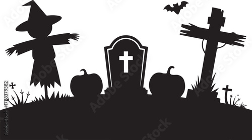 Halloween graveyard border with tombstone, pumpkins and spooky scarecrow, RIP cross and dark ground silhouette. Vector Black silhouettes. with white background