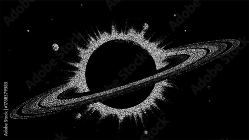 Planet with ring and light burst, depicting outer space. Galaxy and cosmic universe exploration concept. Vector astronomical background.