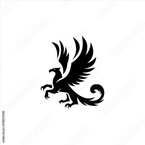 Heraldic Black Griffin Vector Logo, Mythical Creature with Powerful Wings.