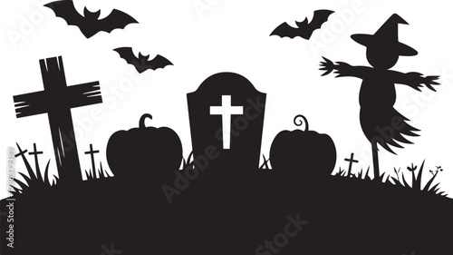 Halloween graveyard border with tombstone, pumpkins and spooky scarecrow, RIP cross and dark ground silhouette. Vector Black silhouettes. with white background