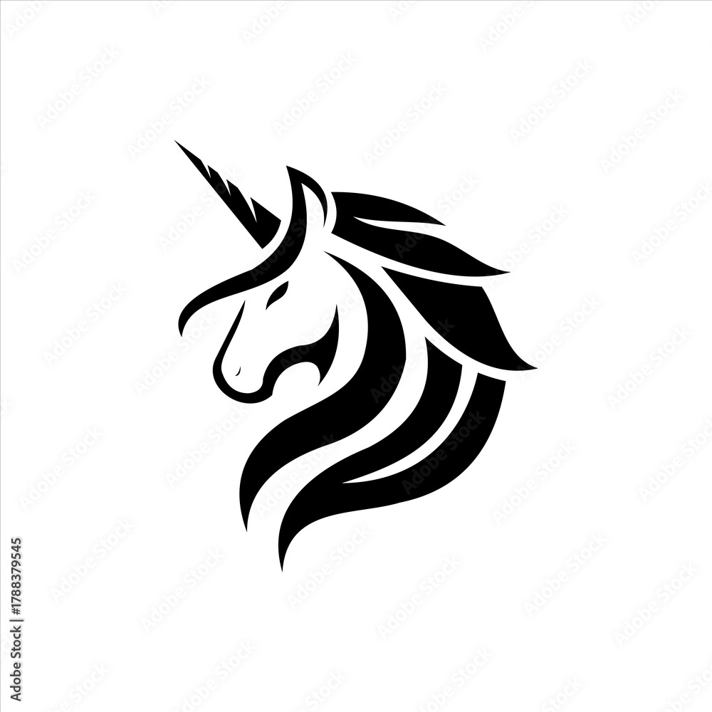 Naklejka premium Black Unicorn Head Vector Logo, Mythical Creature Silhouette, Flowing Mane.