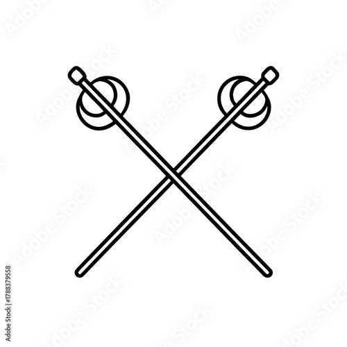 Two crossed fencing swords with circular guards shown on transparent background silhouette